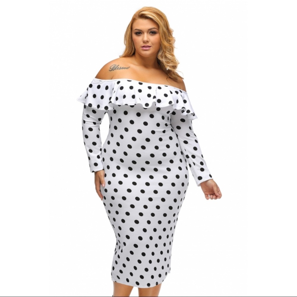 Plus Size Polka Dot Ruffle Off-Shoulder Dress